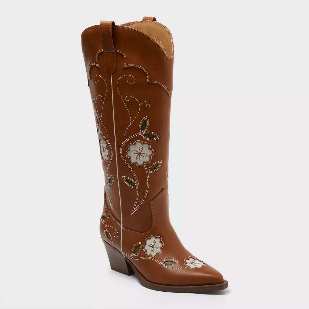 Universal Thread Cosette Tall Western Boots Cognac Floral Embroidered 8.5 NEW